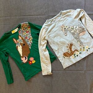 Two Mini Boden girls long sleeve shirts with horse appliqué